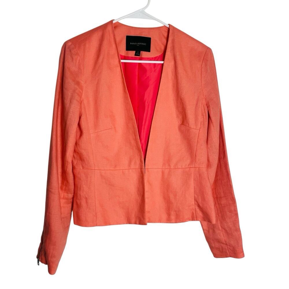 Banana Republic Womens Linen Blazer Jacket Size 2 Coral Lined Zip Sleeve Pleated